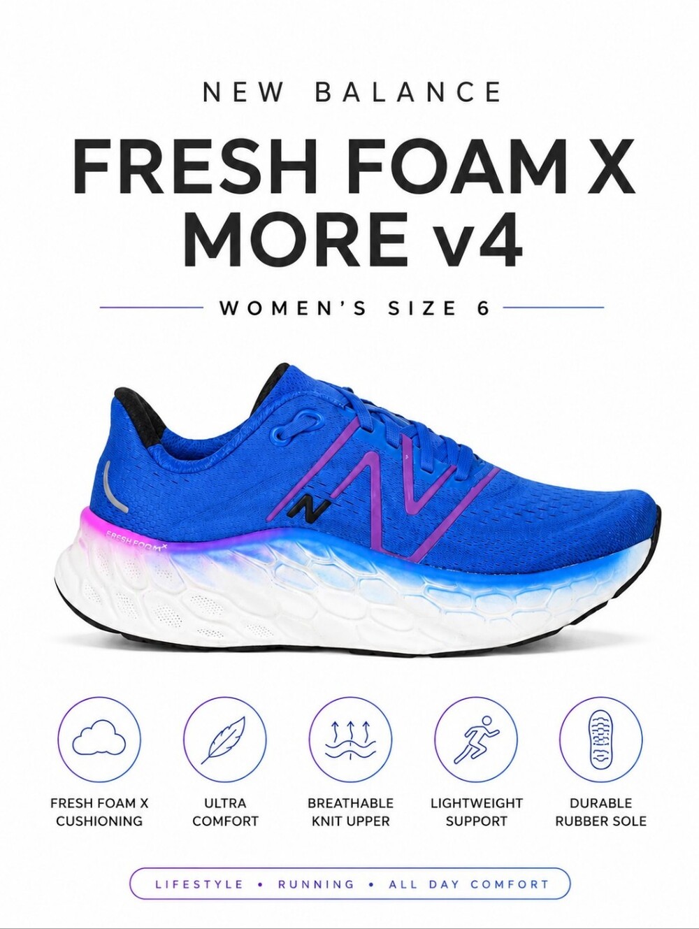 New Balance Fresh Foam X More v4 Women's Running Shoe - Blue with Pink Accent